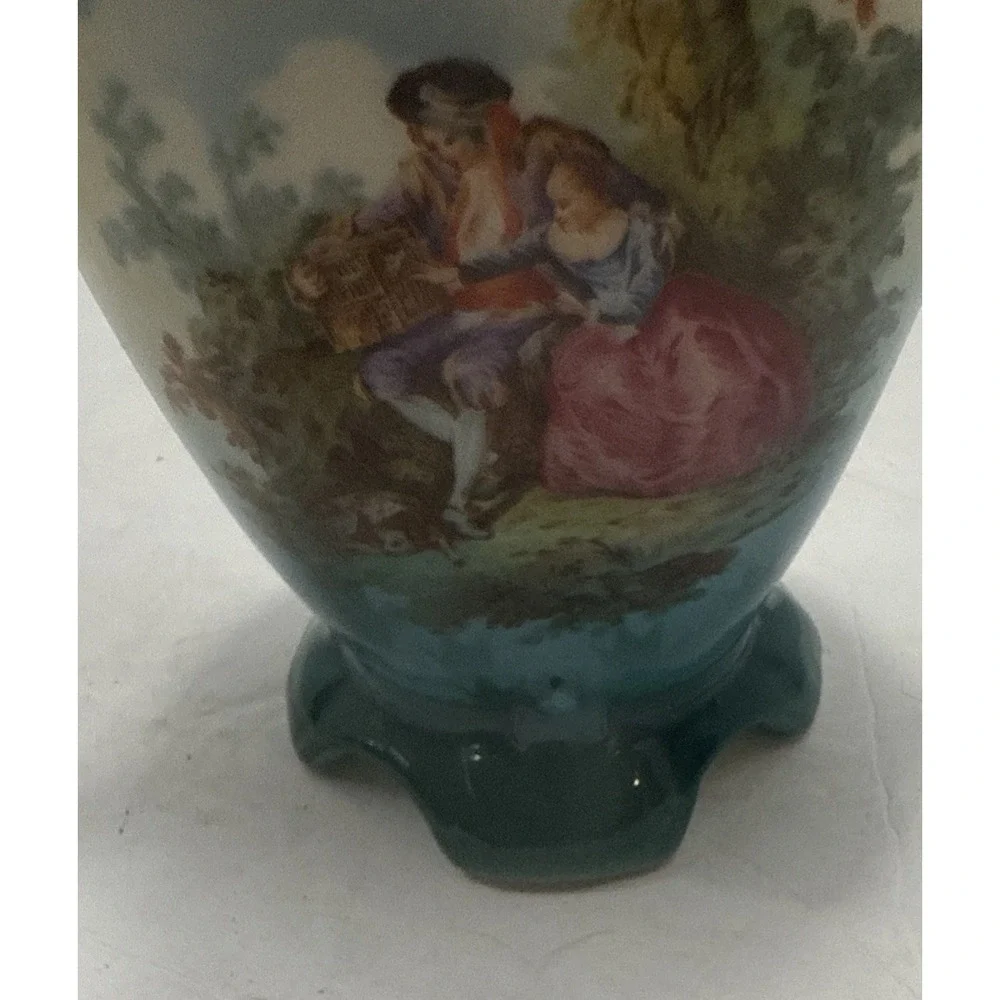Vtg Czechoslovakian Porcelain Vase W/ Hand-Painted Courting Scene-Double Handles